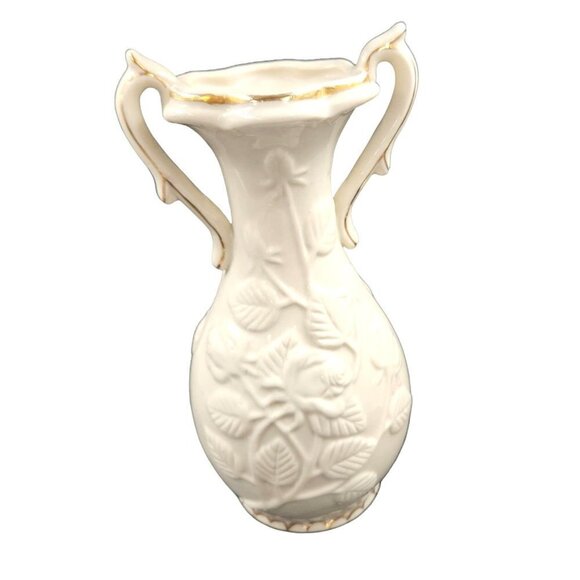 Vintage Rose Vase Gold Trim Handles Shabby Chic Cottage White Embossed Flower - Picture 5 of 8